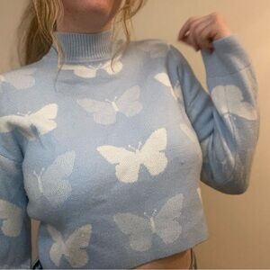 Divided Sky Blue Butterfly Turtleneck Cropped Sweater
